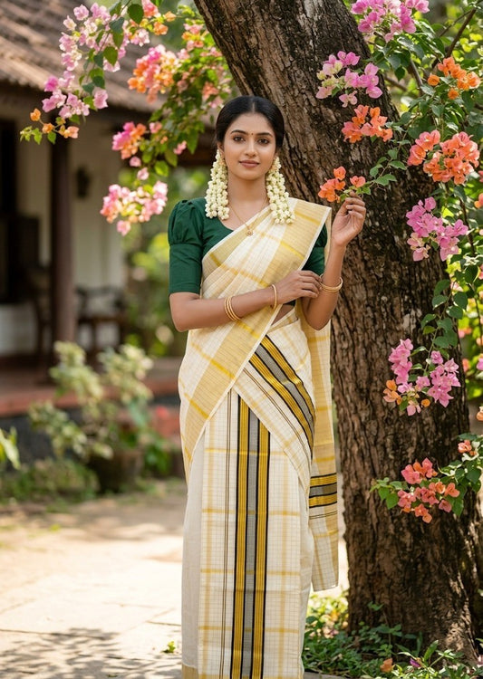 Southloom Pure Cotton Set Mundu with Gold Kasavu Check Across Body in Green SL399