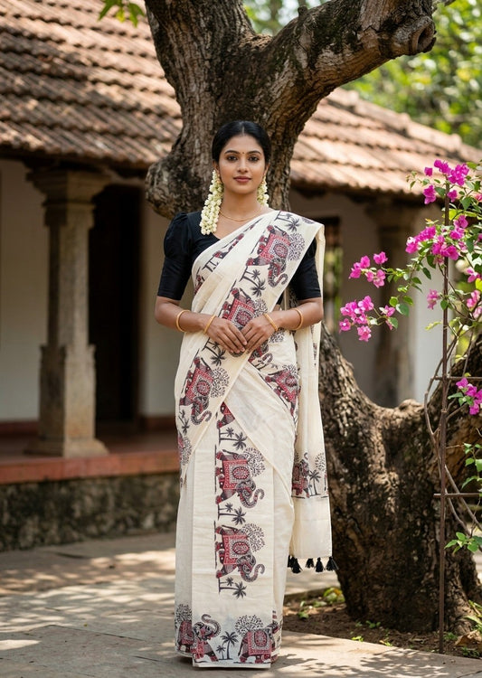 Southloom Cotton Single Set Mundu (Mundu Neriyathum) With Elephant Digital Print With Tussles in Black 2.80 Mtrs SL392