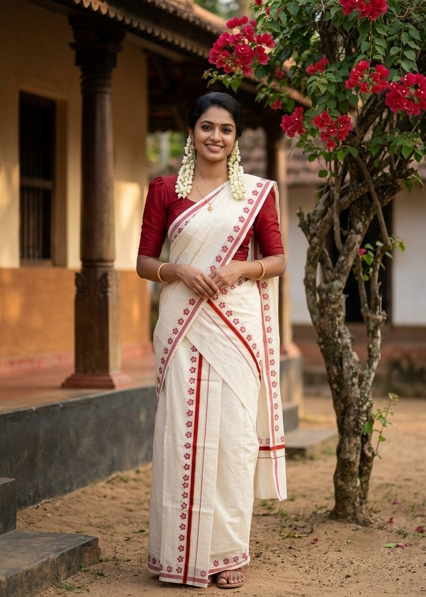 Southloom Pure Cotton Kerala Single Set Mundu (Mundum Neriyathum) with Digital Prints in Maroon 2.80 Mtrs SL382