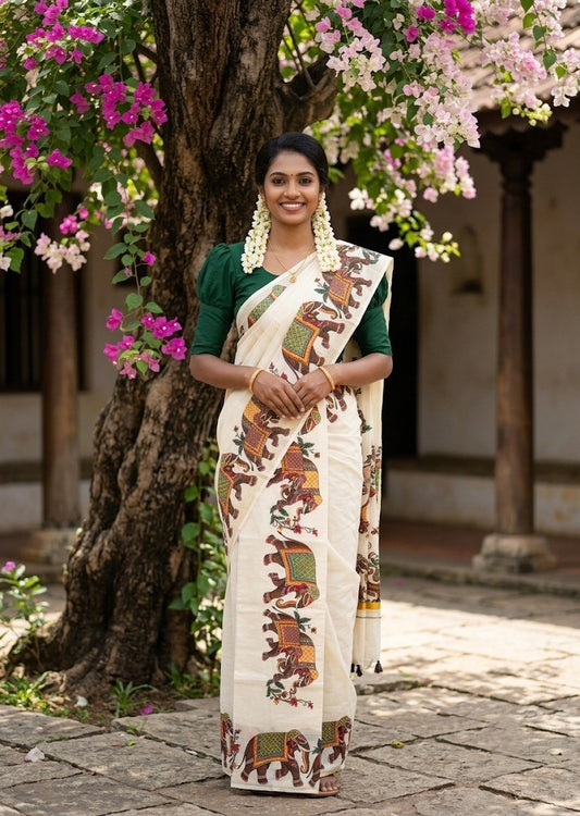 Southloom Cotton Single Set Mundu (Mundu Neriyathum) With Elephant Digital Print With Tussles in Brown 2.80 Mtrs SL392