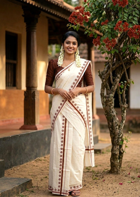 Southloom Pure Cotton Kerala Single Set Mundu (Mundum Neriyathum) with Digital Prints in Brown 2.80 Mtrs SL382