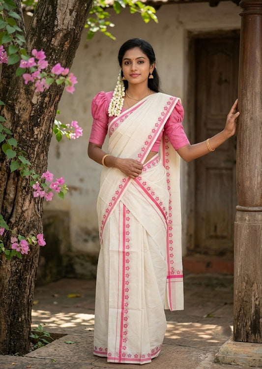 Southloom Pure Cotton Kerala Single Set Mundu (Mundum Neriyathum) with Digital Prints in Pink 2.80 Mtrs SL382