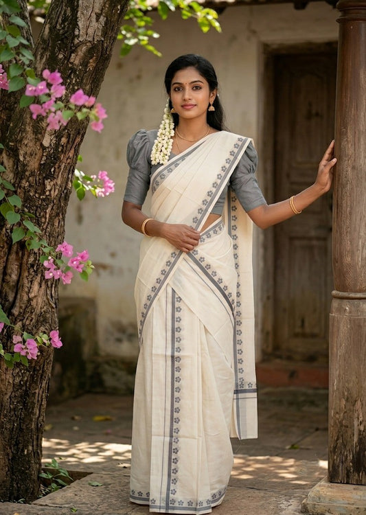 Southloom Pure Cotton Kerala Single Set Mundu (Mundum Neriyathum) with Digital Prints in Grey 2.80 Mtrs SL382