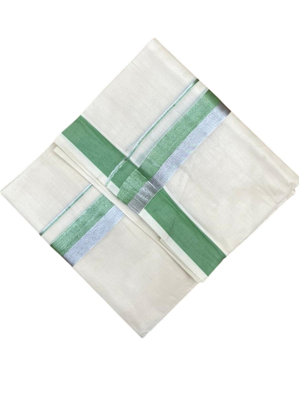 Southloom Kerala Pure Cotton Double Mundu with Green And Silver Border (South Indian Dhoti)