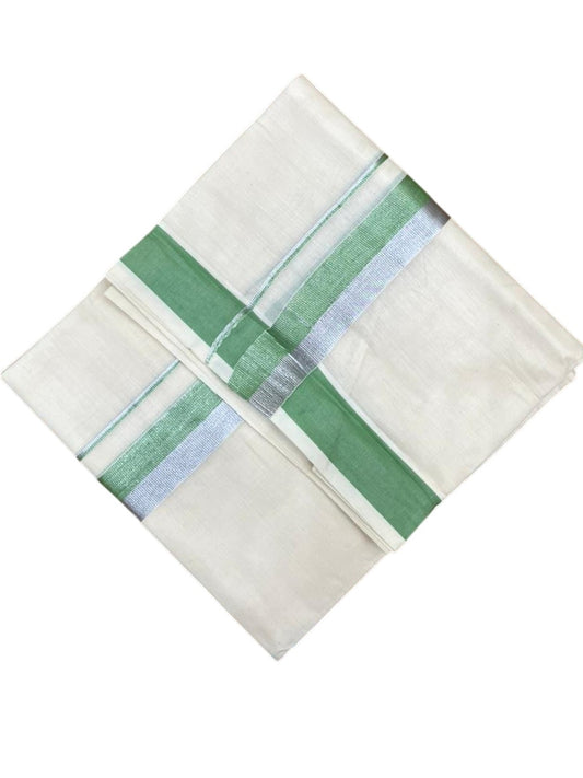 Southloom Kerala Pure Cotton Double Mundu with Green And Silver Border (South Indian Dhoti)