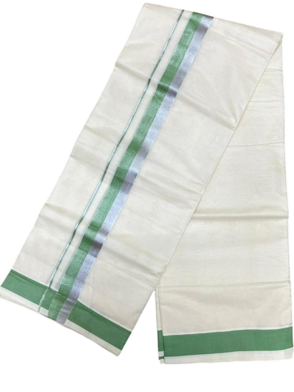 Southloom Kerala Pure Cotton Double Mundu with Green And Silver Border (South Indian Dhoti)