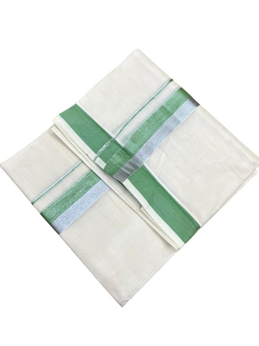 Southloom Kerala Pure Cotton Double Mundu with Green And Silver Border (South Indian Dhoti)