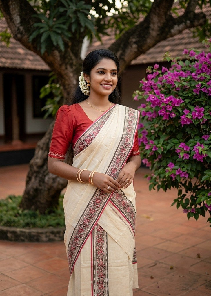 Southloom Tissue Single Set Mundu (Mundu Neriyathum) With Digital Print in Red 2.80 Mtrs SL396