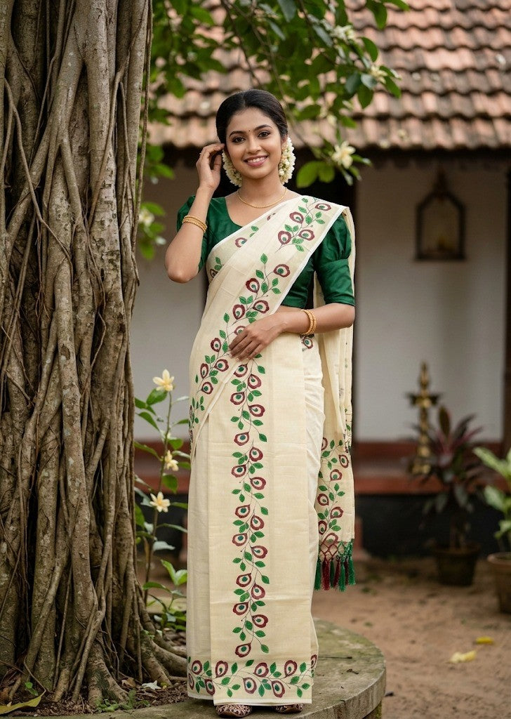 Southloom Tissue Single Set Mundu (Mundu Neriyathum) With Digital Floral Print in Maroon and Green 2.80 Mtrs SL318