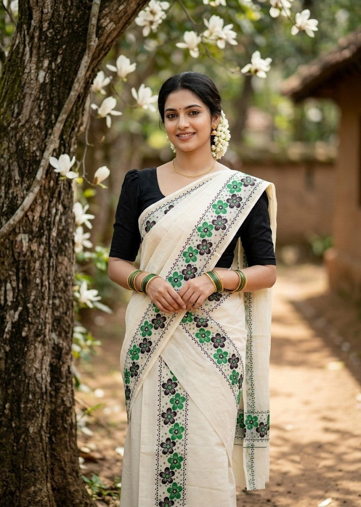 Southloom Cotton Single Set Mundu (Mundu Neriyathum) With Floral Digital Print in Green and Black 2.80 Mtrs