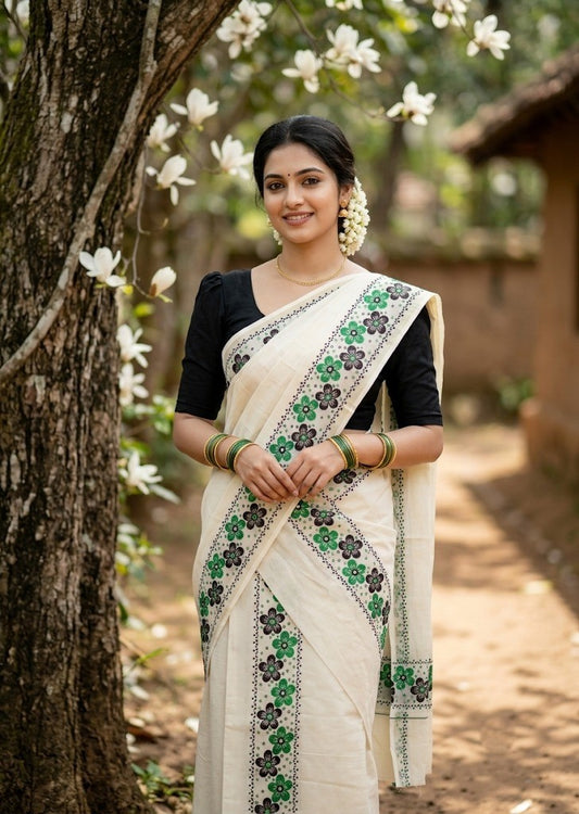 Southloom Cotton Single Set Mundu (Mundu Neriyathum) With Floral Digital Print in Green and Black 2.80 Mtrs