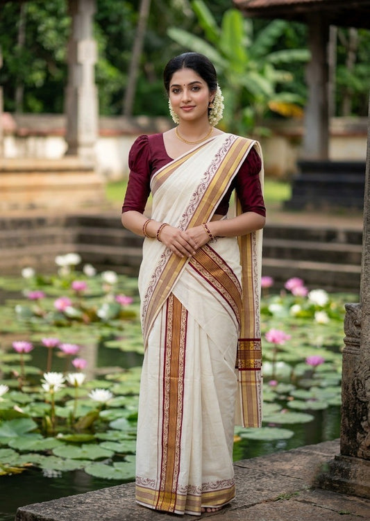 Southloom Cotton Single Set Mundu (Mundu Neriyathum) With Gold Kasvu And Floral Design in Maroon 2.80 Mtrs SL390