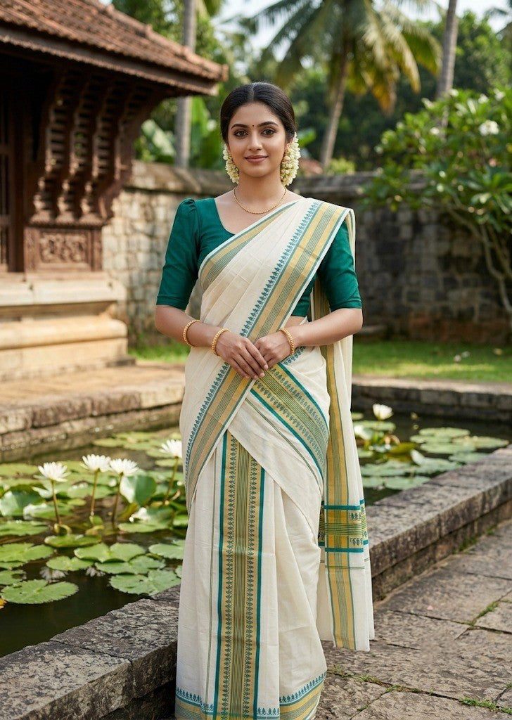 Southloom Cotton Single Set Mundu (Mundu Neriyathum) With Gold Kasvu And Peacock Design in Peacock Blue 2.80 Mtrs SLKK SL390