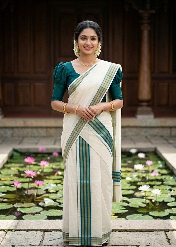 Southloom Pure Cotton Set Mundu with Gold Kasavu and Peacock Green Border in 2.80 Mtrs