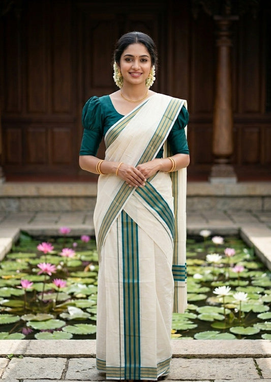 Southloom Pure Cotton Set Mundu with Gold Kasavu and Peacock Green Border in 2.80 Mtrs
