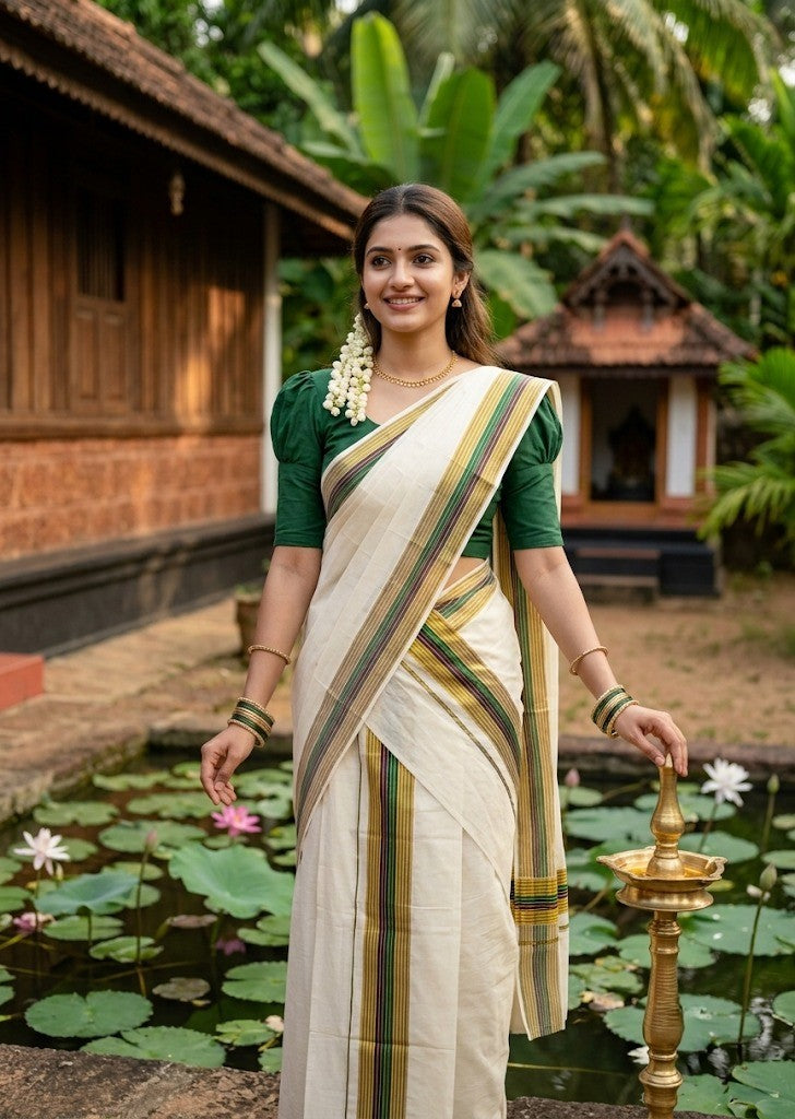 Southloom Pure Cotton Set Mundu with Gold Kasavu and Green & Black Border in 2.80 Mtrs SLKK SL403