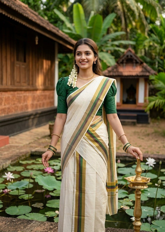 Southloom Pure Cotton Set Mundu with Gold Kasavu and Green & Black Border in 2.80 Mtrs SL403