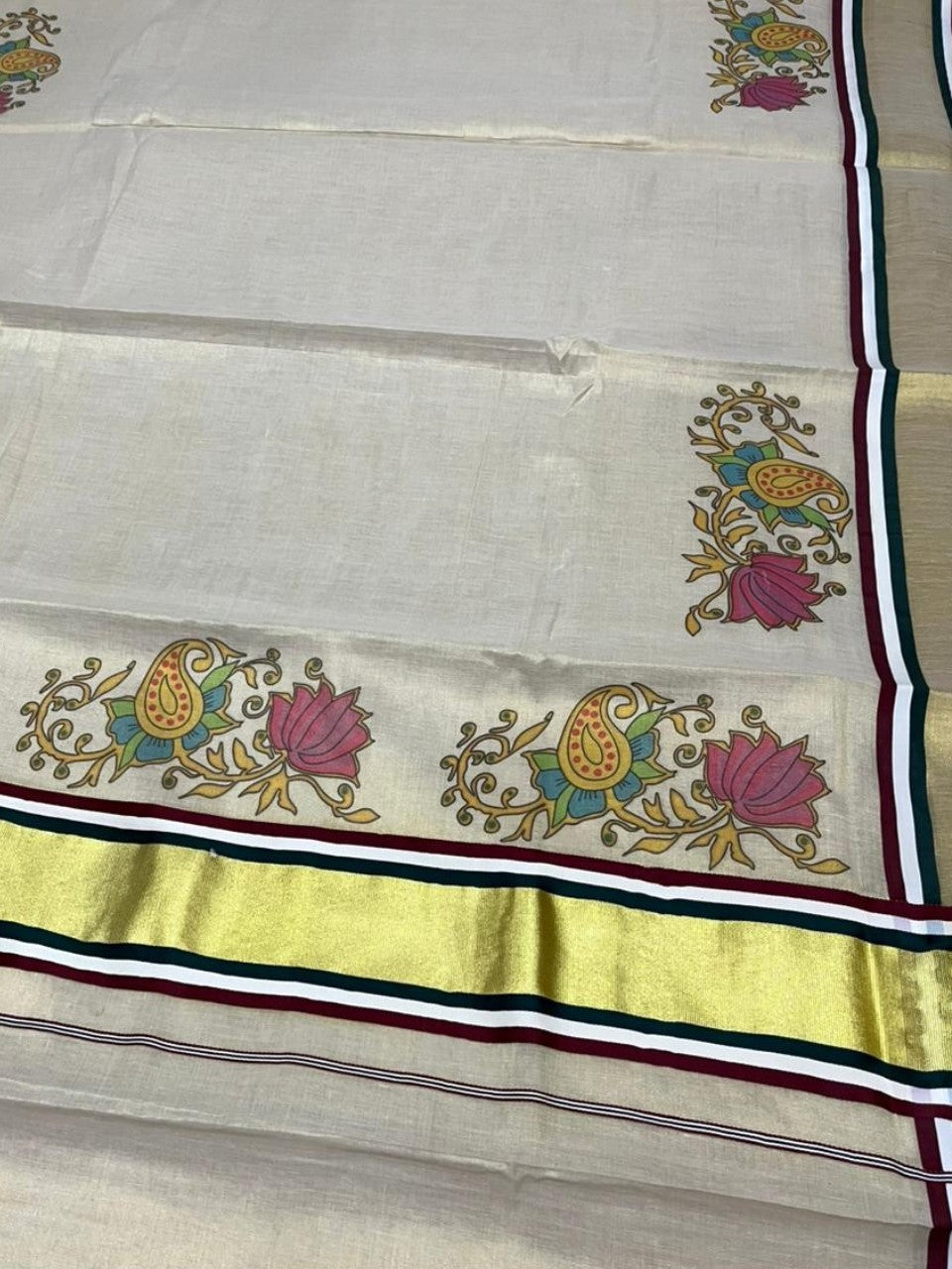 Southloom Kerala Tissue Kasavu Saree with Floral Digital Prints on Border SL428