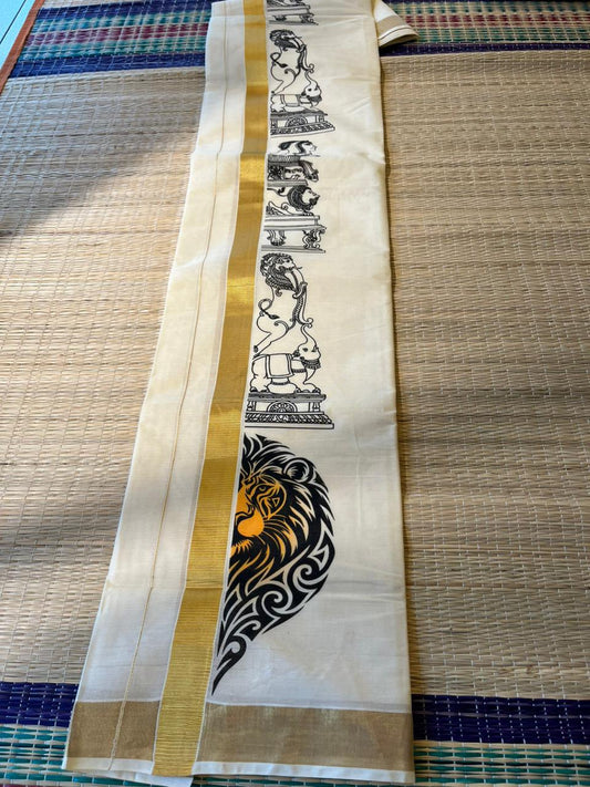 Cotton Lion Printed Gold Kasav  Double Mundu SL0017