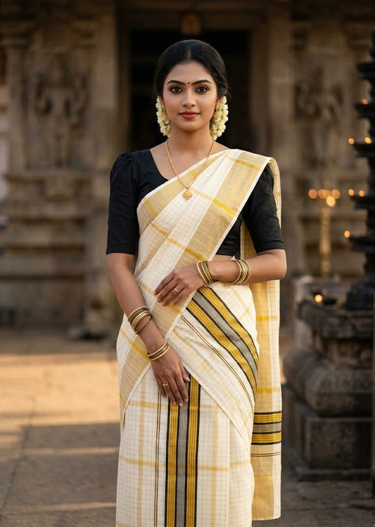 Southloom Pure Cotton Set Mundu with Gold Kasavu Check Across Body in Black SL399