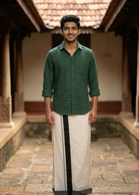 Southloom Kerala Pure Cotton Double Mundu with Green Border (South Indian Kerala Dhoti)