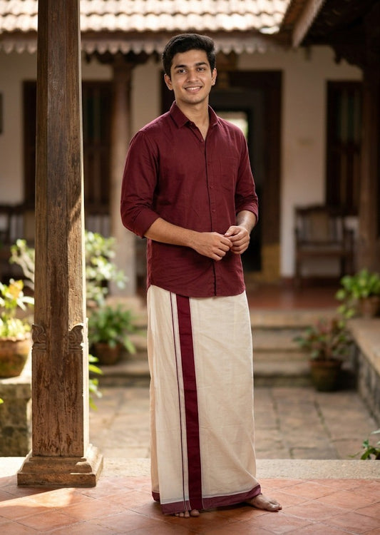 Southloom Kerala Pure Cotton Double Mundu with Maroon Border (South Indian Kerala Dhoti)