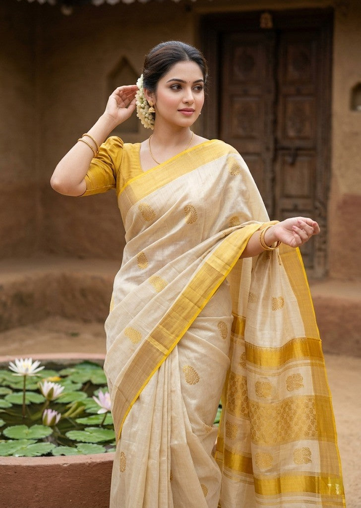 Southloom Tissue Kasavu Replica Saree with Woven Butta Works Across Body And (SL431)