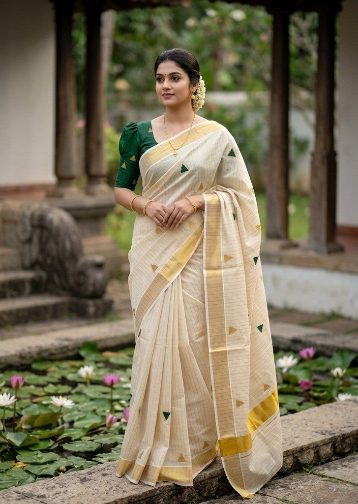Kerala Tissue Kasavu Stripes Saree with Green and Gold Temple Embroidery Design on Body SL432