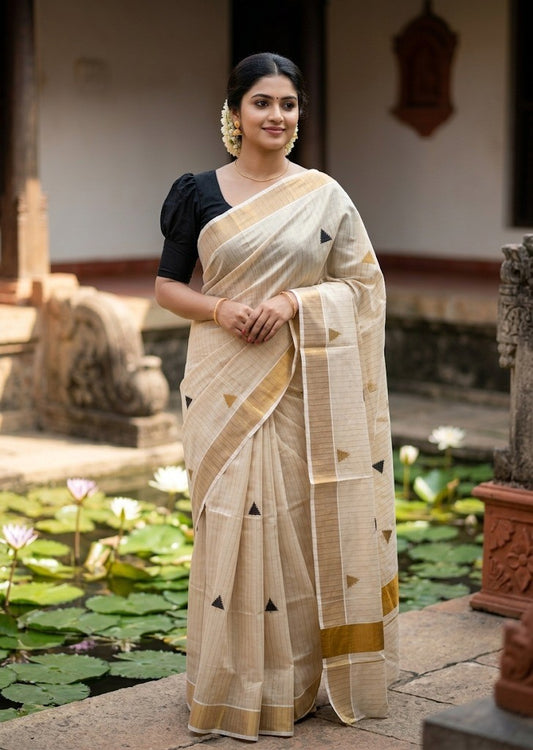 Kerala Tissue Kasavu Stripes Saree with Black and Gold Temple Embroidery Design on Body SL432