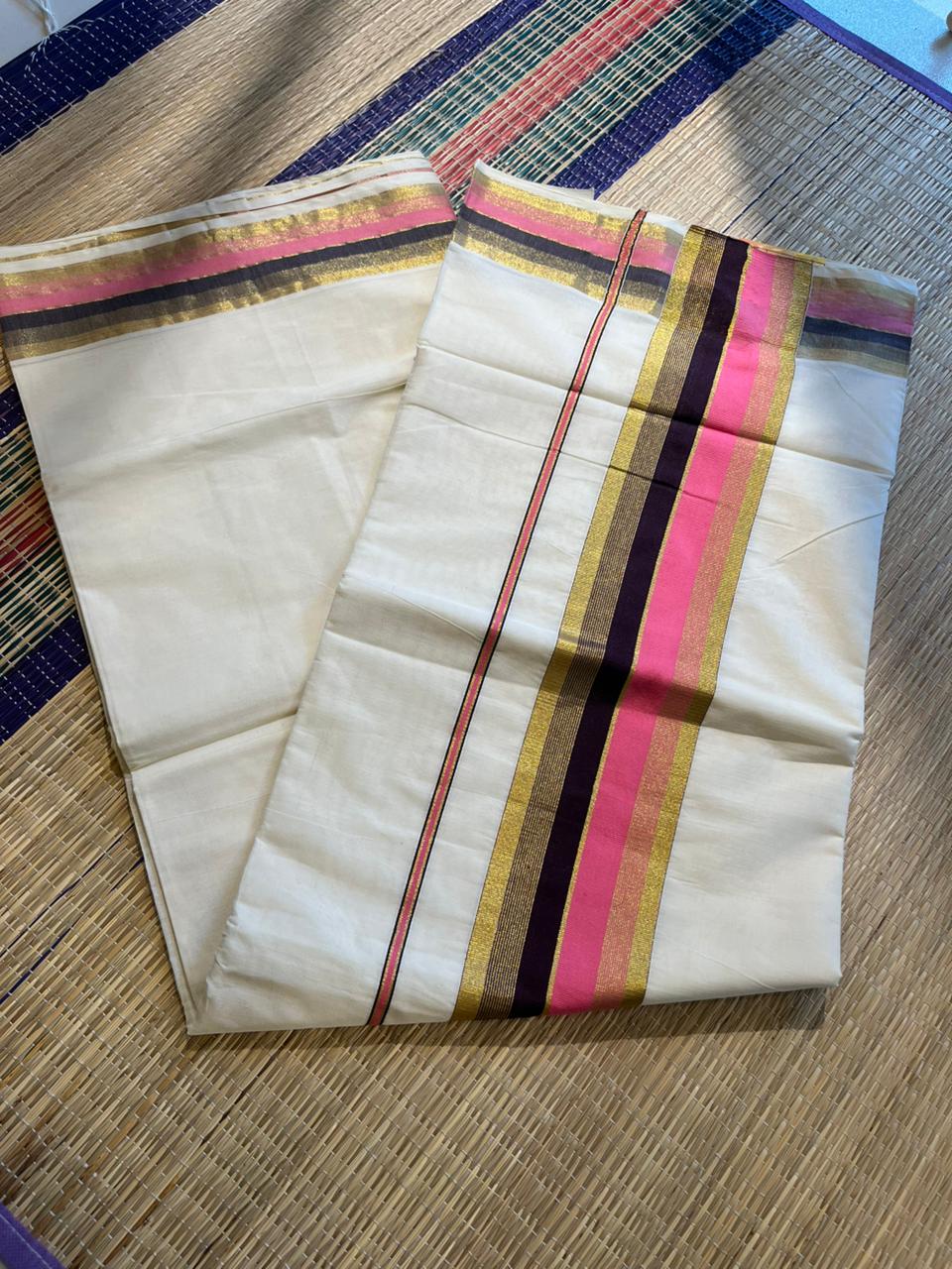 Kerala Cotton Kasavu Saree With Pink and Purple Border SL443