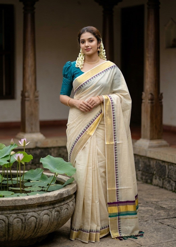 Southloom Kerala Tissue Kasavu Saree With Peacock Blue & Purple Temple Woven Works on Border With Tussles SL433