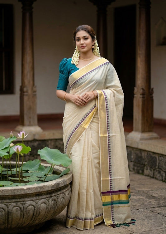 Southloom Kerala Tissue Kasavu Saree With Peacock Blue & Purple Temple Woven Works on Border With Tussles SL433