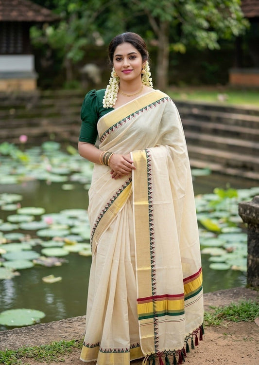 Southloom Kerala Tissue Kasavu Saree With Maroon & Green Temple Woven Works on Border With Tussles SL433