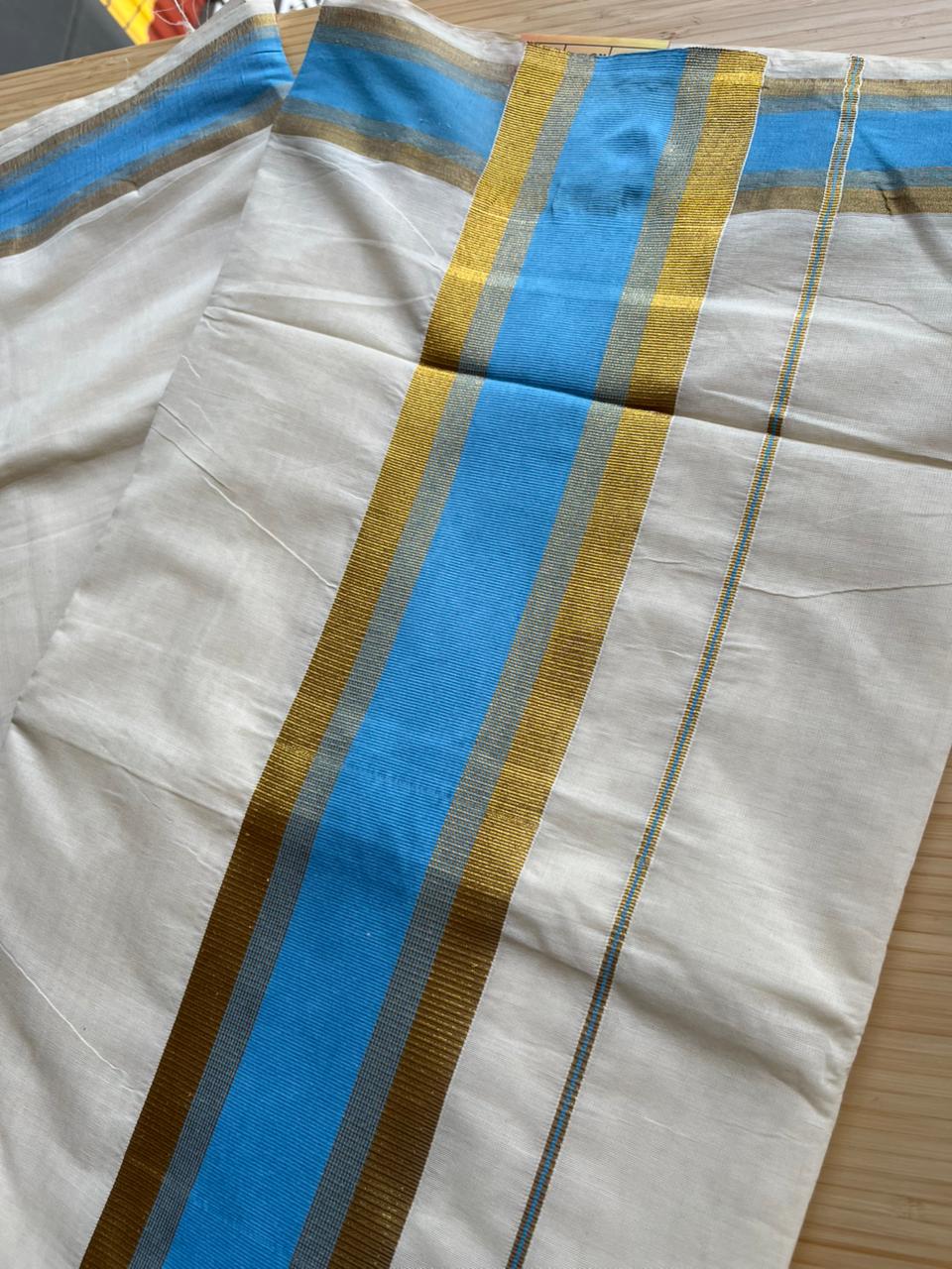 Kerala Cotton Kasavu Saree With Blue Borders SL446