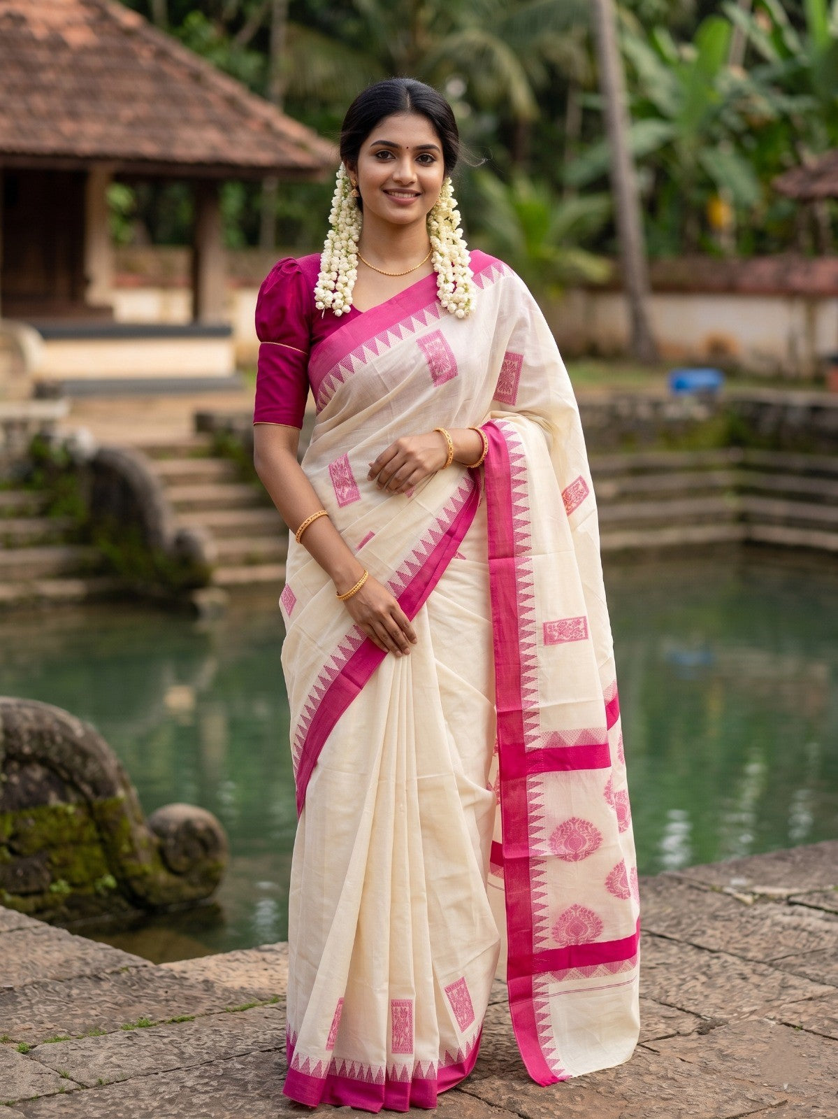 Southloom Pure Cotton Kerala Saree with Magenta Heavy Woven Designs and Temple Border