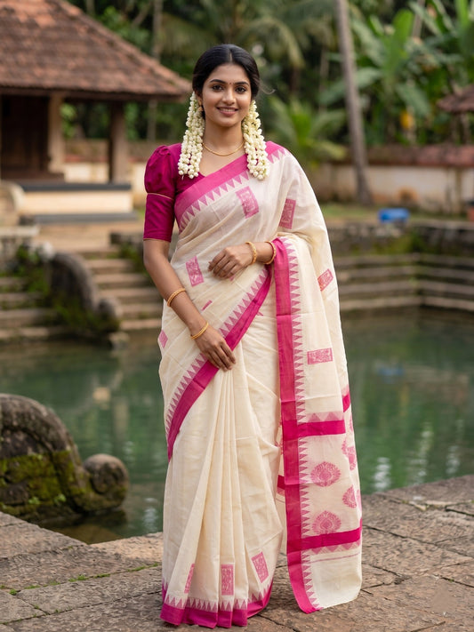 Southloom Pure Cotton Kerala Saree with Magenta Heavy Woven Designs and Temple Border