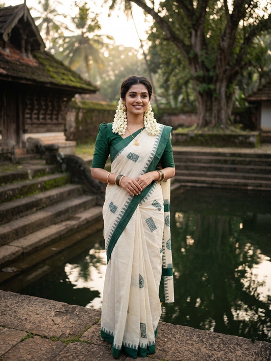 Southloom Pure Cotton Kerala Saree with Green Heavy Woven Designs and Temple Border