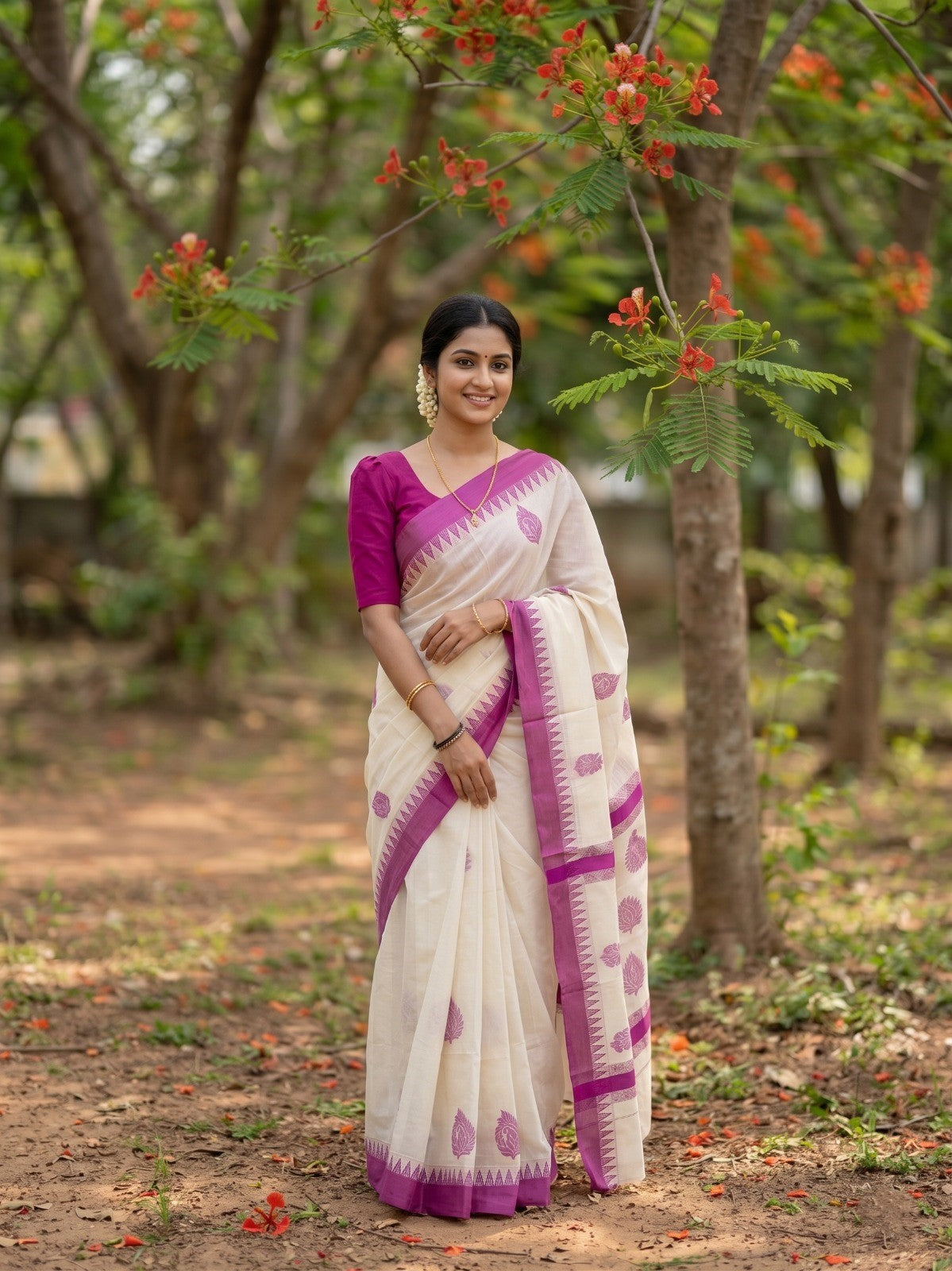 Southloom Pure Cotton Kerala Saree with Voilet Heavy Woven Designs and Temple Border