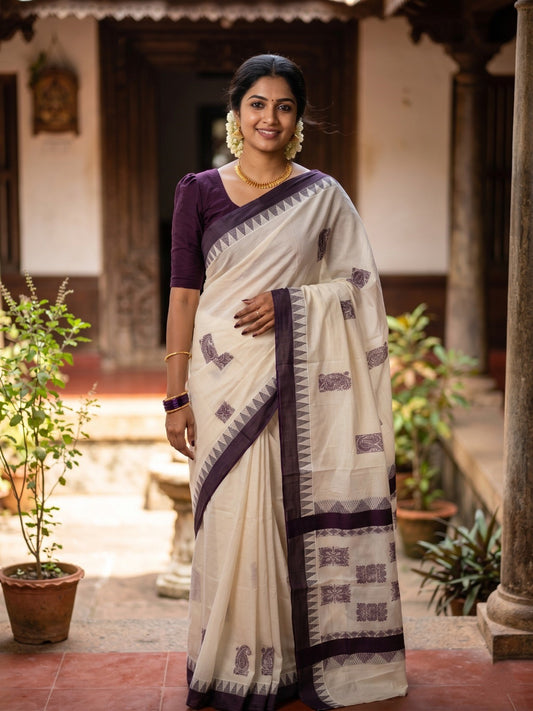 Southloom Pure Cotton Kerala Saree with Dark Purple Heavy Woven Designs and Temple Border SL454