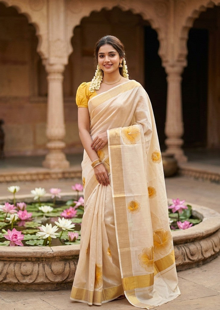 Southloom Kerala Tissue Kasavu Saree with Yellow Floral Embroidery Design on Body SL434