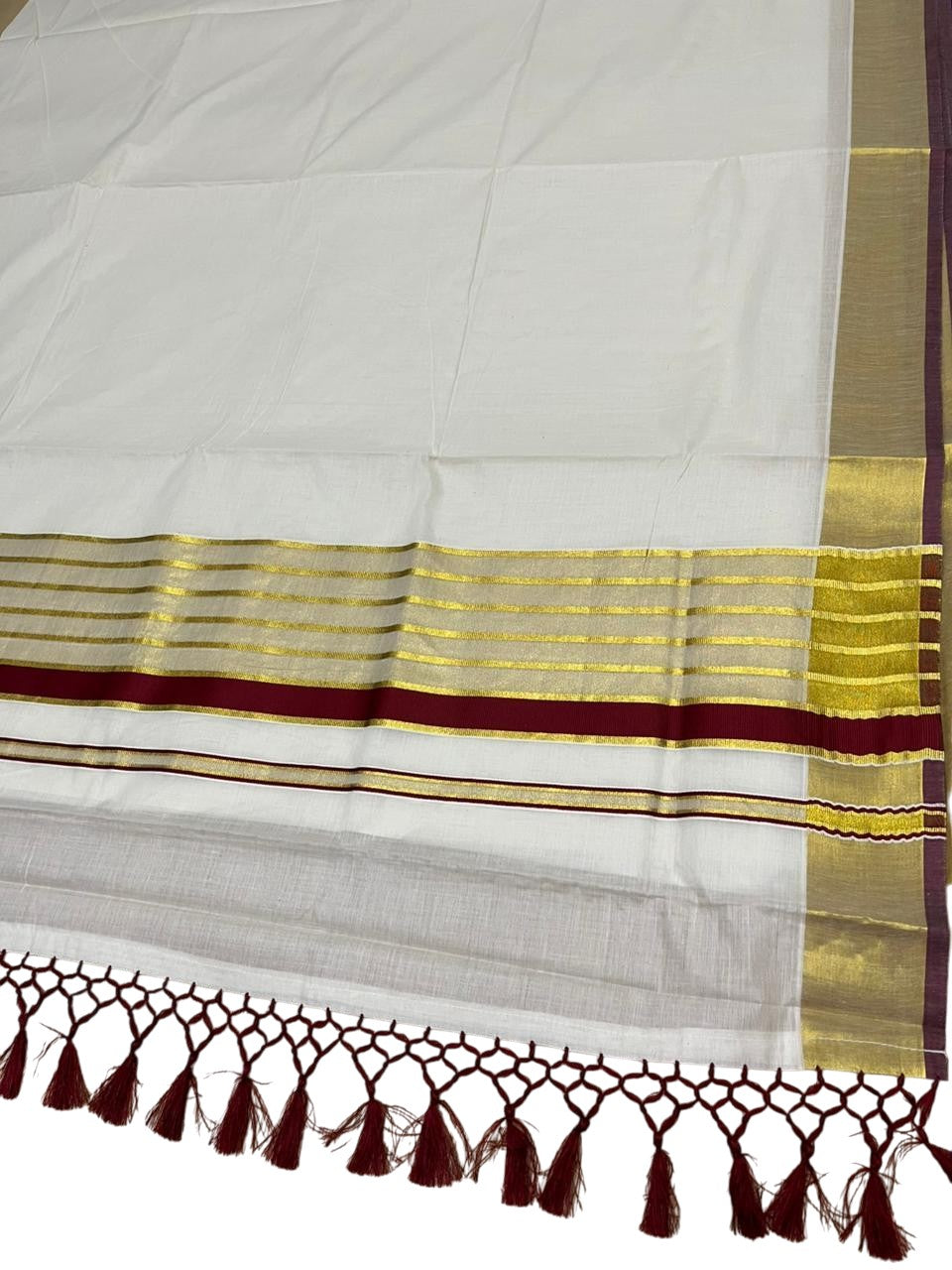 Southloom Pure Cotton Kerala Kasavu Saree with Gold Stripes on Body with Maroon Borders SL449