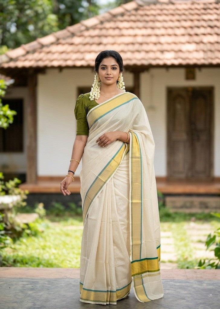 Southloom Kerala Cotton Kasavu Saree with Micro Check Design on Body in Peacock Blue & Olive Green  Border SL451