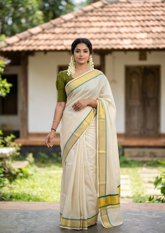 Southloom Kerala Cotton Kasavu Saree with Micro Check Design on Body in Peacock Blue & Olive Green Border SL450
