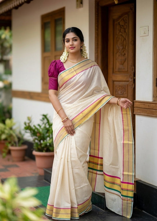Southloom Kerala Cotton Kasavu Saree with Micro Check Design on Body in Magenta  & Peacock Green Border SL453