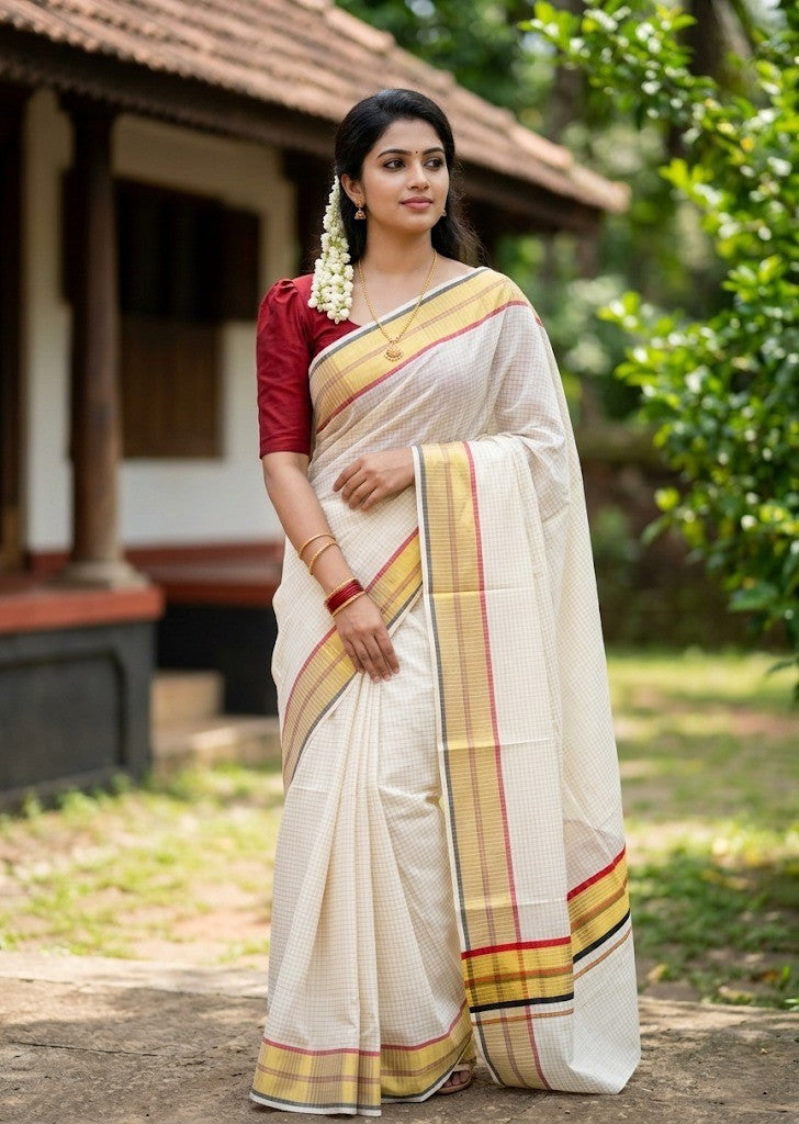Southloom Kerala Cotton Kasavu Saree with Micro Check Design on Body in Red & Black Border SL453