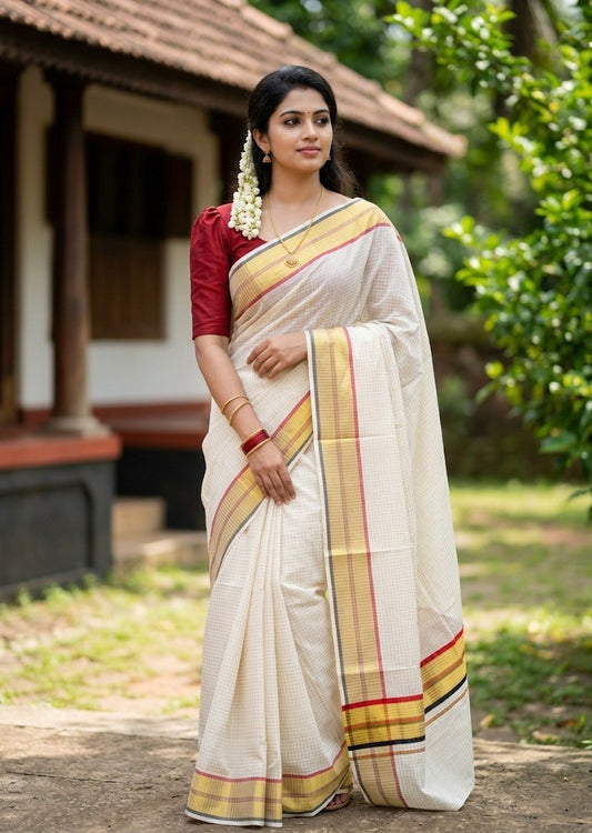 Southloom Kerala Cotton Kasavu Saree with Micro Check Design on Body in Red & Black Border SL453