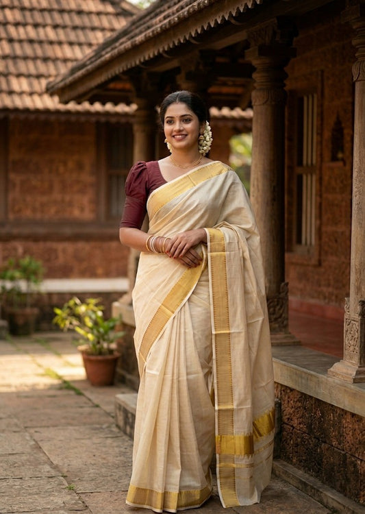 Southloom Kerala Tissue Kasavu Plain Saree with Temple Border SL456