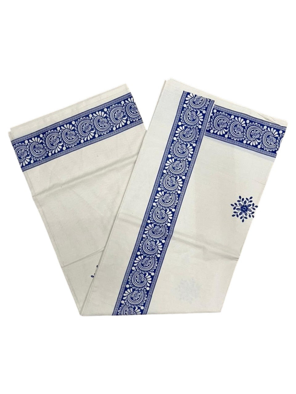 Southloom Kerala Cotton Saree with With Floral Digital Prints on Body and Borders in Blue SL475