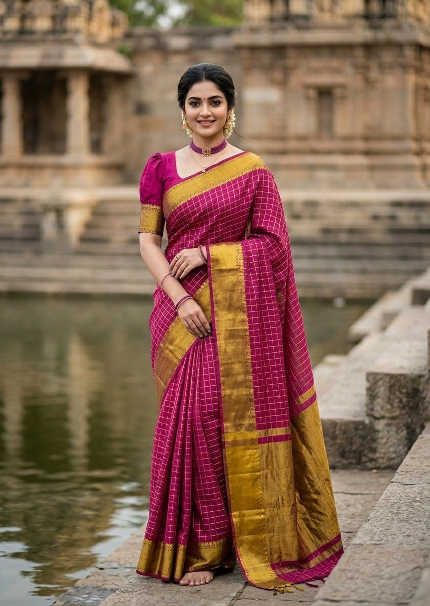 Southloom Kerala Semi Silk Saree With Check Design In Pink
