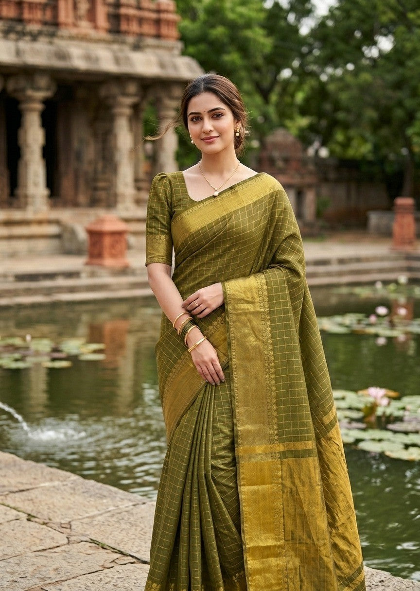 Southloom Kerala Semi Silk Saree With Check Design In Green